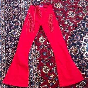 Women's Red Lace-Up Flared Pants